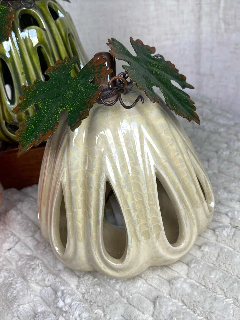 Vintage Iridescent Ceramic Pumpkin Luminary Set 3 Light Up Fall